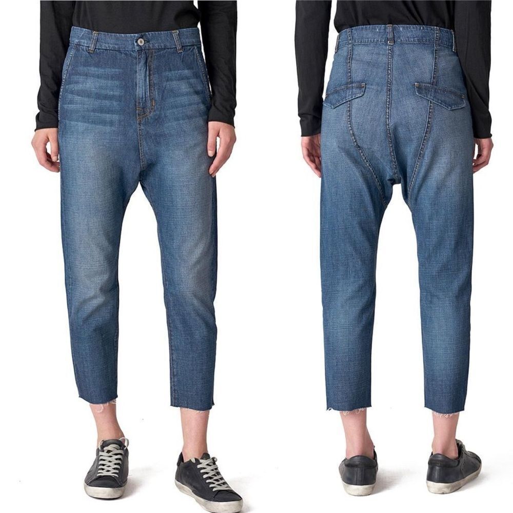 Nili Lotan Paris Drop-Crotch Crop Jeans Size 25 | Tapered Leg Raw Hem Blue Denim